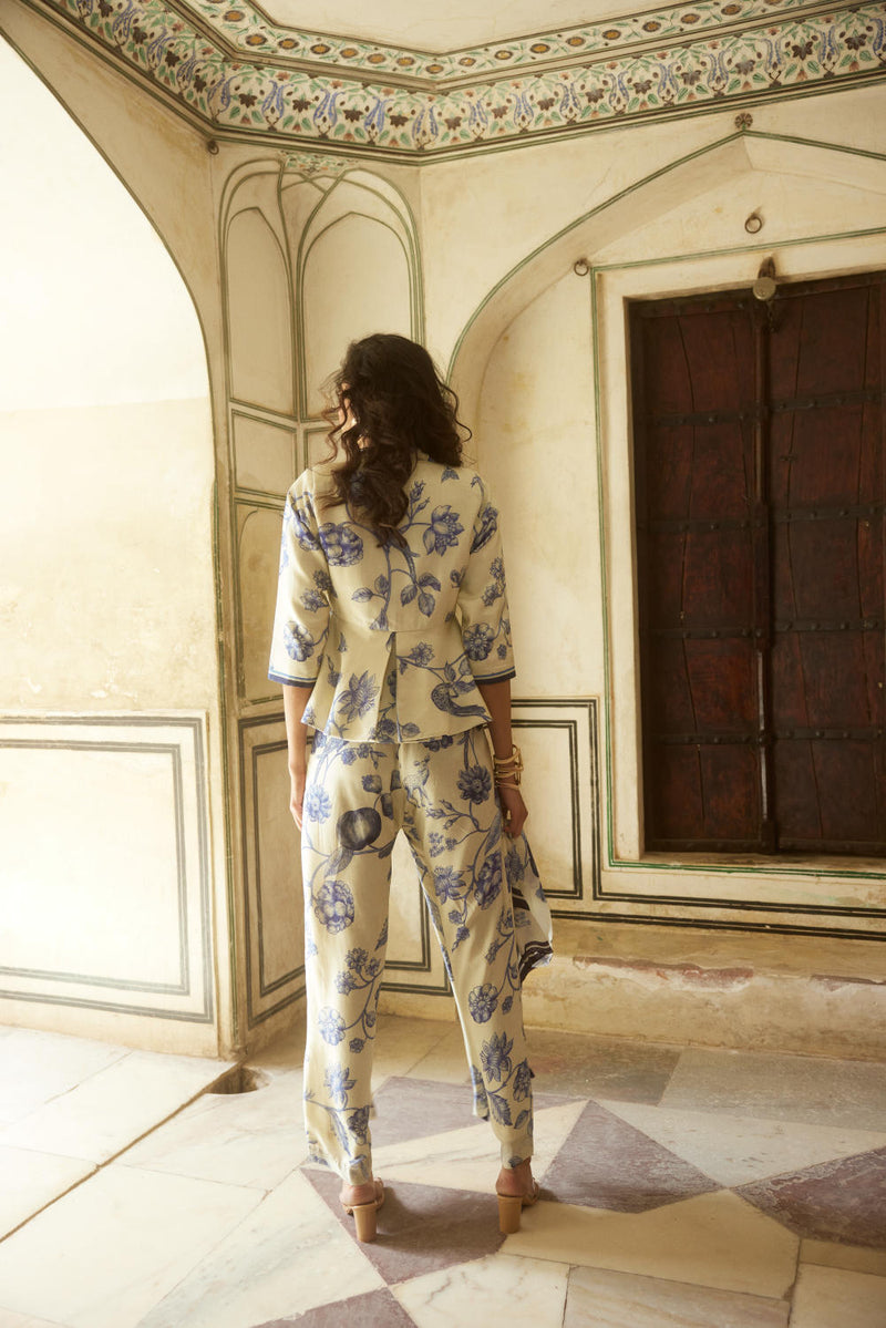PH-2320 
Peplum 
Trouser Set-Ivory with blue print by Paulmi & Harsh in ivory color for women Worldwide