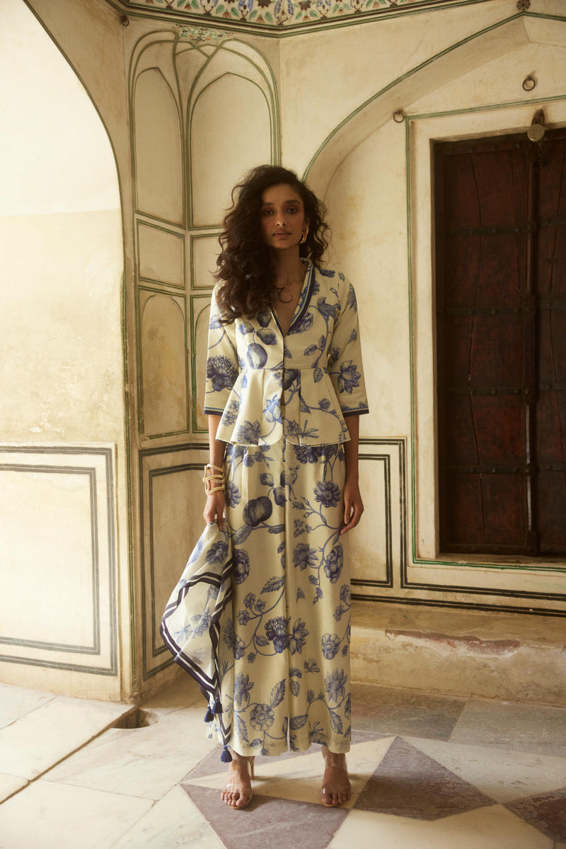 PH-2320 
Peplum 
Trouser Set-Ivory with blue print by Paulmi & Harsh in ivory color for women Worldwide