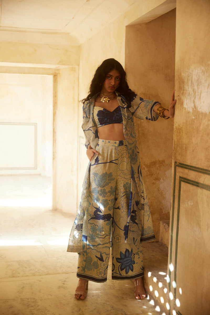 PH-2321 
Bustier 
Trouser 
Jacket Set-Ivory with blue print by Paulmi & Harsh in ivory color for women Worldwide