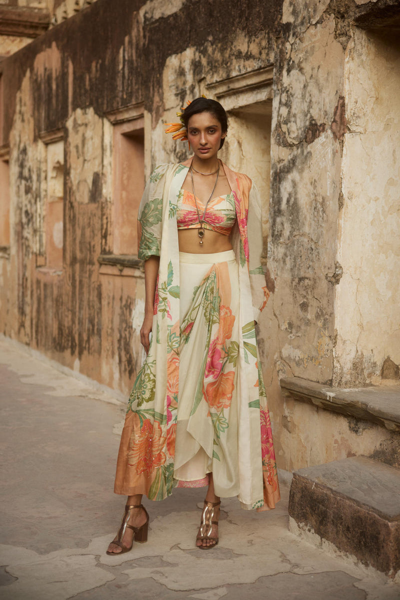 PH-2324 
Blouse 
Trouser 
Jacket Set-Ivory with multi color pastelprint mul by Paulmi & Harsh in multi color for women Worldwide