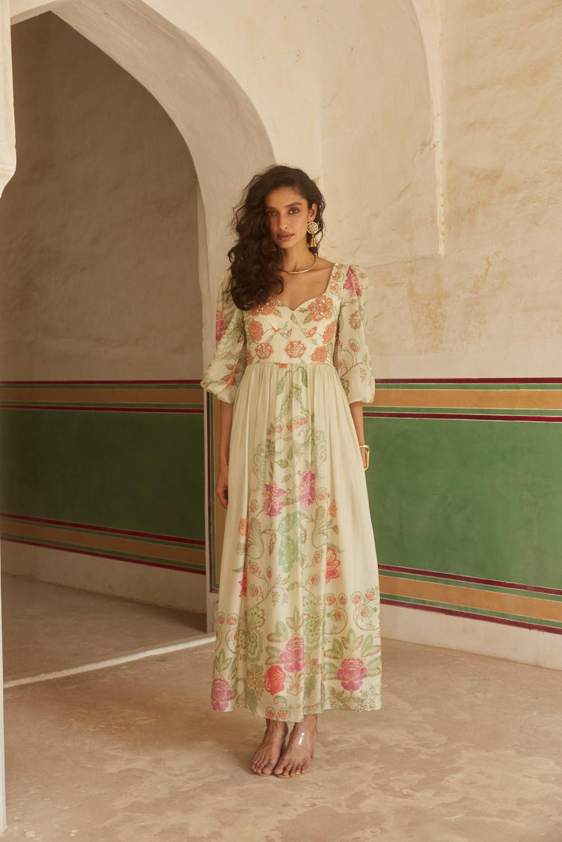 PH-2325 
Maxi-Ivory with multi color florals mul by Paulmi & Harsh in multi color for women Worldwide