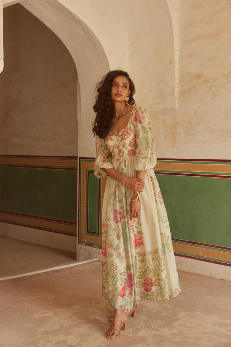 PH-2325 
Maxi-Ivory with multi color florals mul by Paulmi & Harsh in multi color for women Worldwide