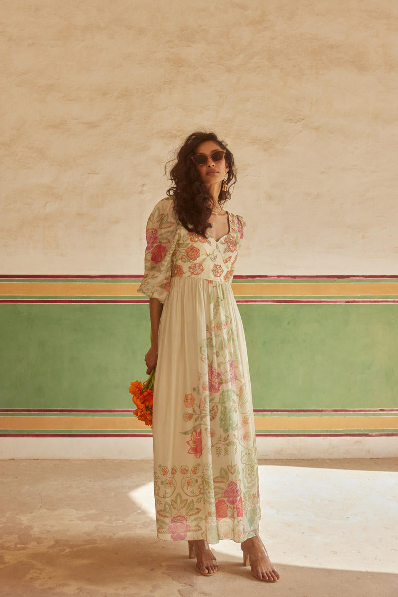 PH-2325 
Maxi-Ivory with multi color florals mul by Paulmi & Harsh in multi color for women Worldwide