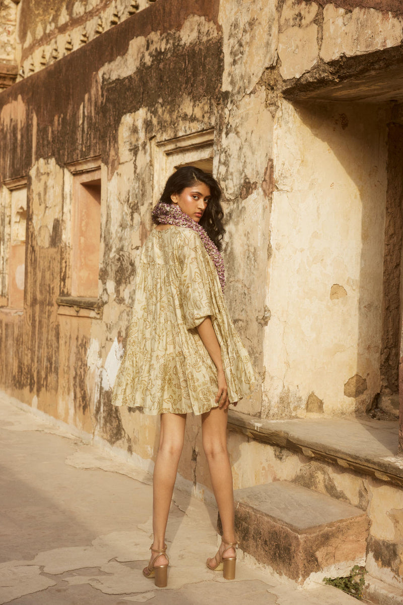PH-2326 
Short dress 
Inner Set-Ivory with print silk by Paulmi & Harsh in ivory color for women Worldwide