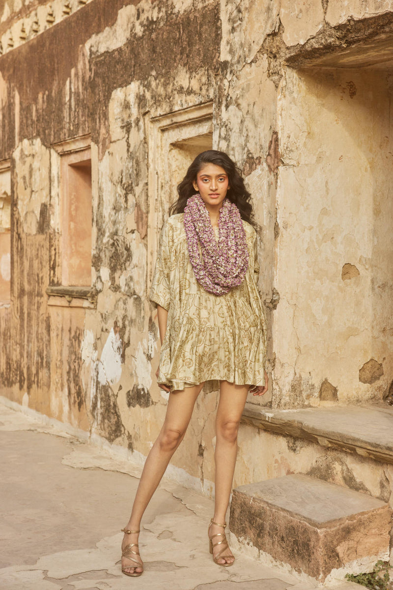 PH-2326 
Short dress 
Inner Set-Ivory with print silk by Paulmi & Harsh in ivory color for women Worldwide