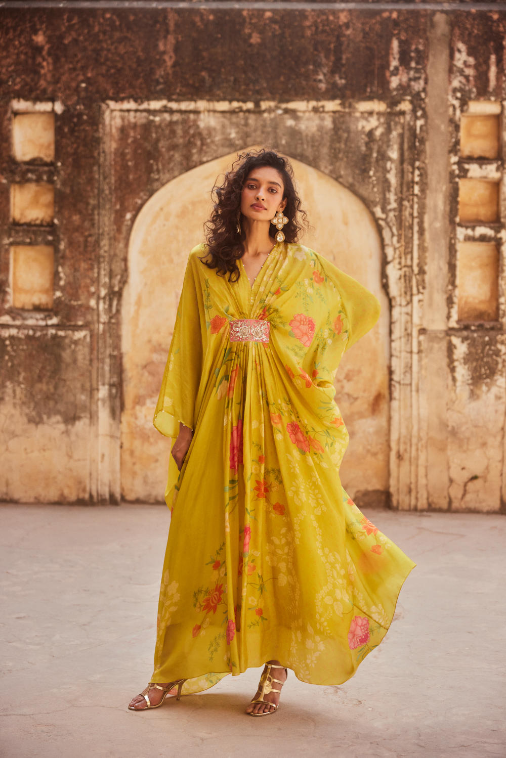 PH-2327 
Kaftan 
Inner Set-Lime yellow with multi color print