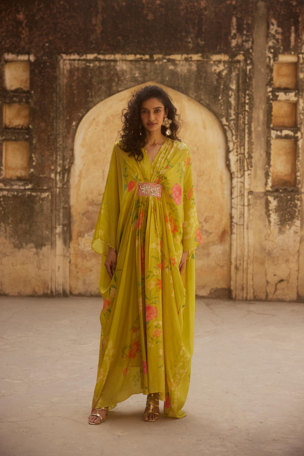 PH-2327 
Kaftan 
Inner Set-Lime yellow with multi color print