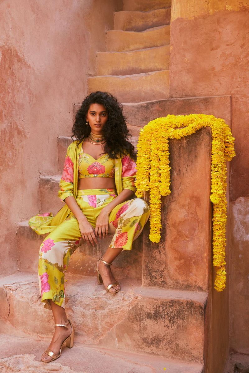 PH-2328 
Jacket 
Blouse 
Trouser Set-Lime yellow with multi color print by Paulmi & Harsh for women Worldwide