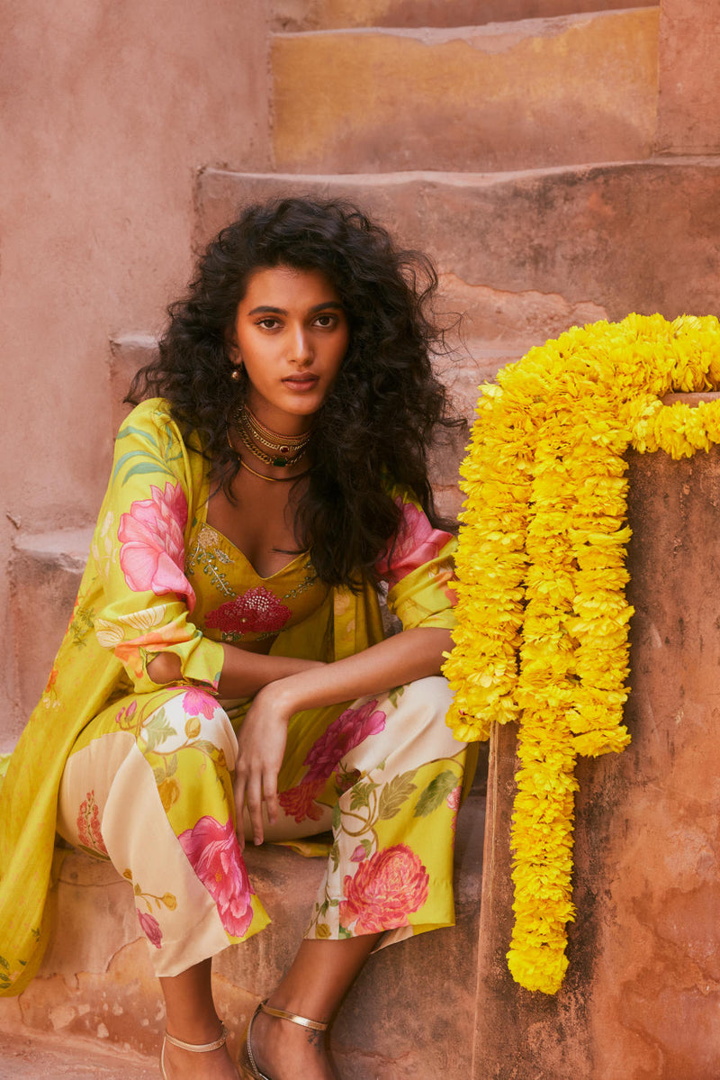 PH-2328 
Jacket 
Blouse 
Trouser Set-Lime yellow with multi color print by Paulmi & Harsh for women Worldwide