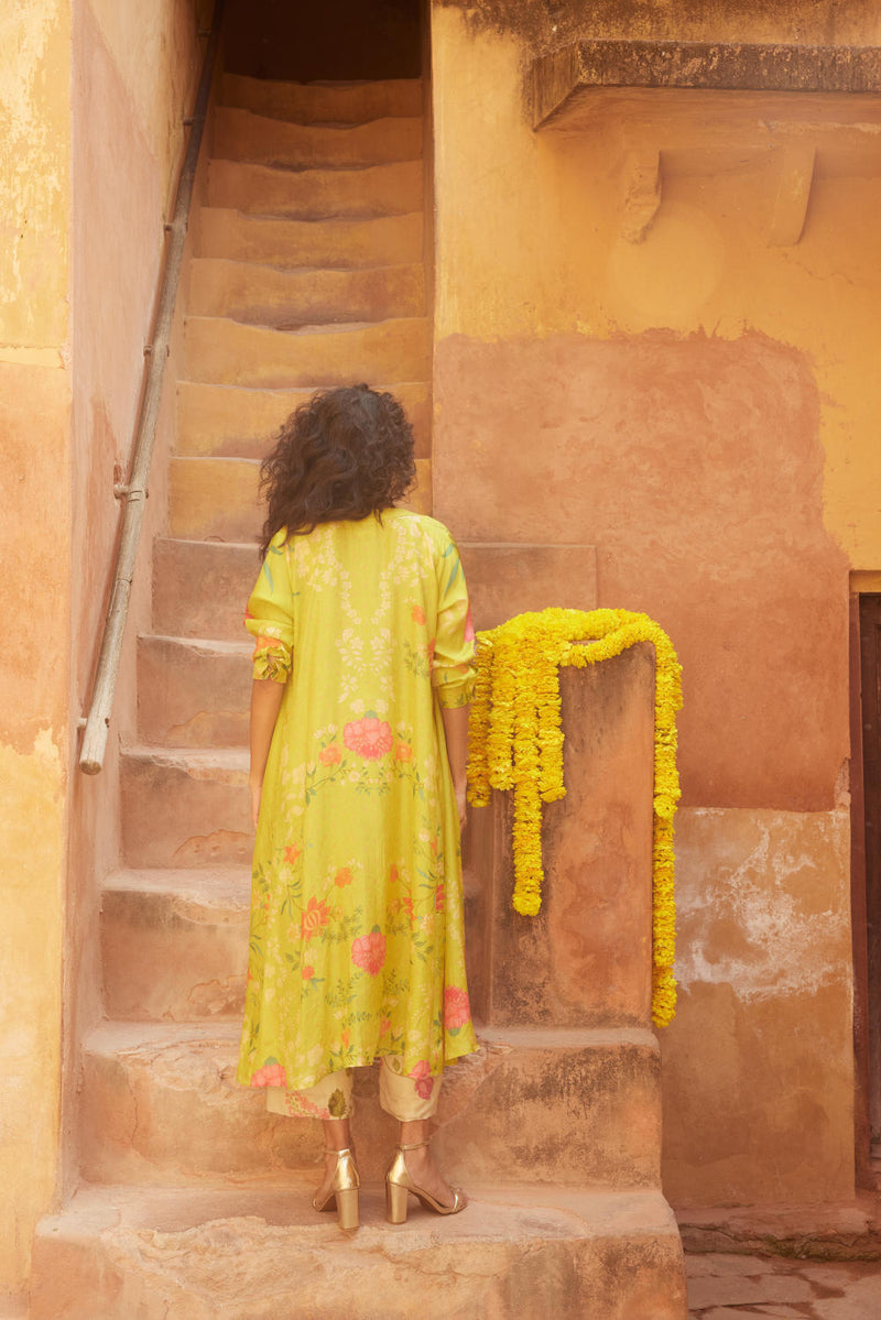 PH-2328 
Jacket 
Blouse 
Trouser Set-Lime yellow with multi color print by Paulmi & Harsh for women Worldwide