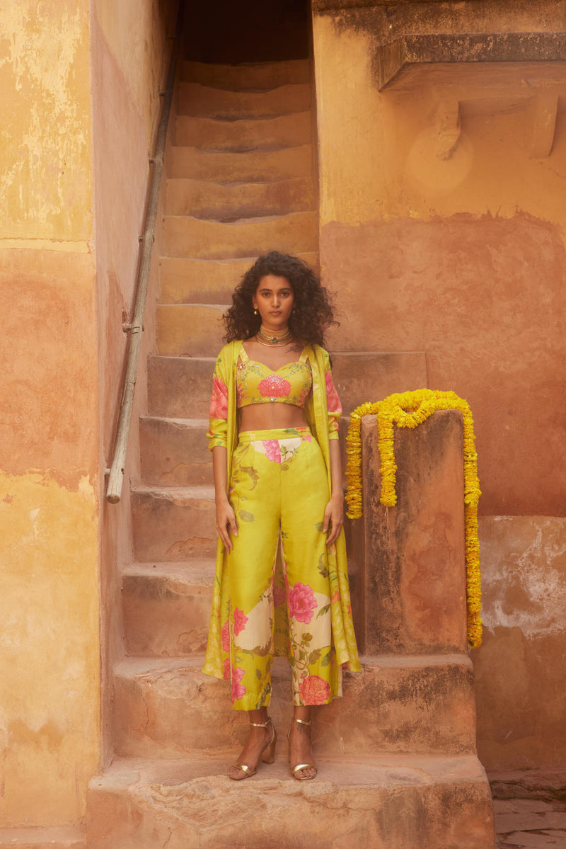 PH-2328 
Jacket 
Blouse 
Trouser Set-Lime yellow with multi color print by Paulmi & Harsh for women Worldwide