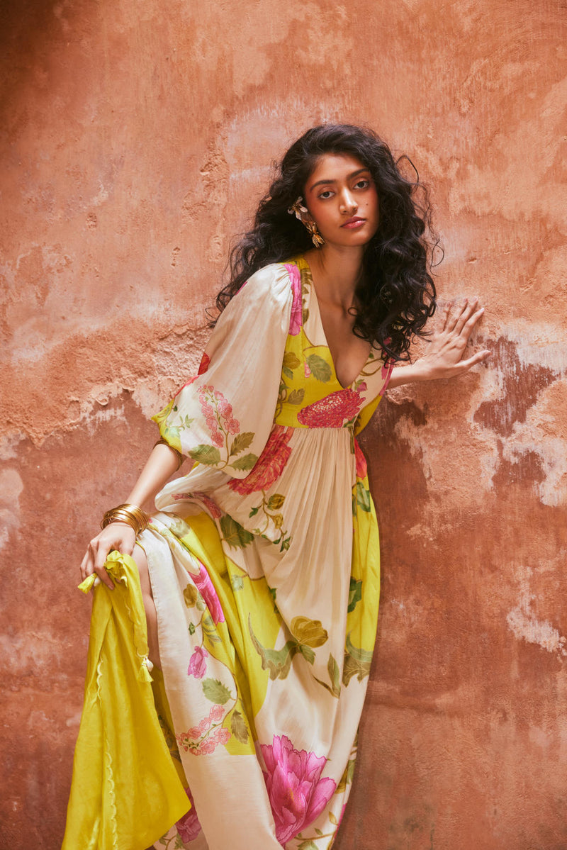 PH-2329 Maxi-Lime yellow with multi color print by Paulmi & Harsh for women Worldwide