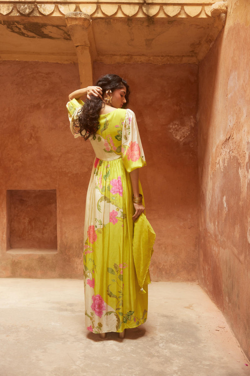 PH-2329 Maxi-Lime yellow with multi color print by Paulmi & Harsh for women Worldwide