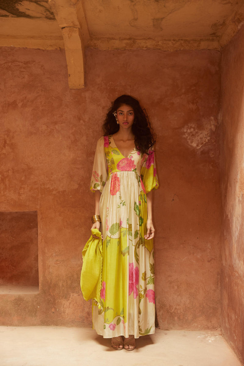 PH-2329 Maxi-Lime yellow with multi color print by Paulmi & Harsh for women Worldwide