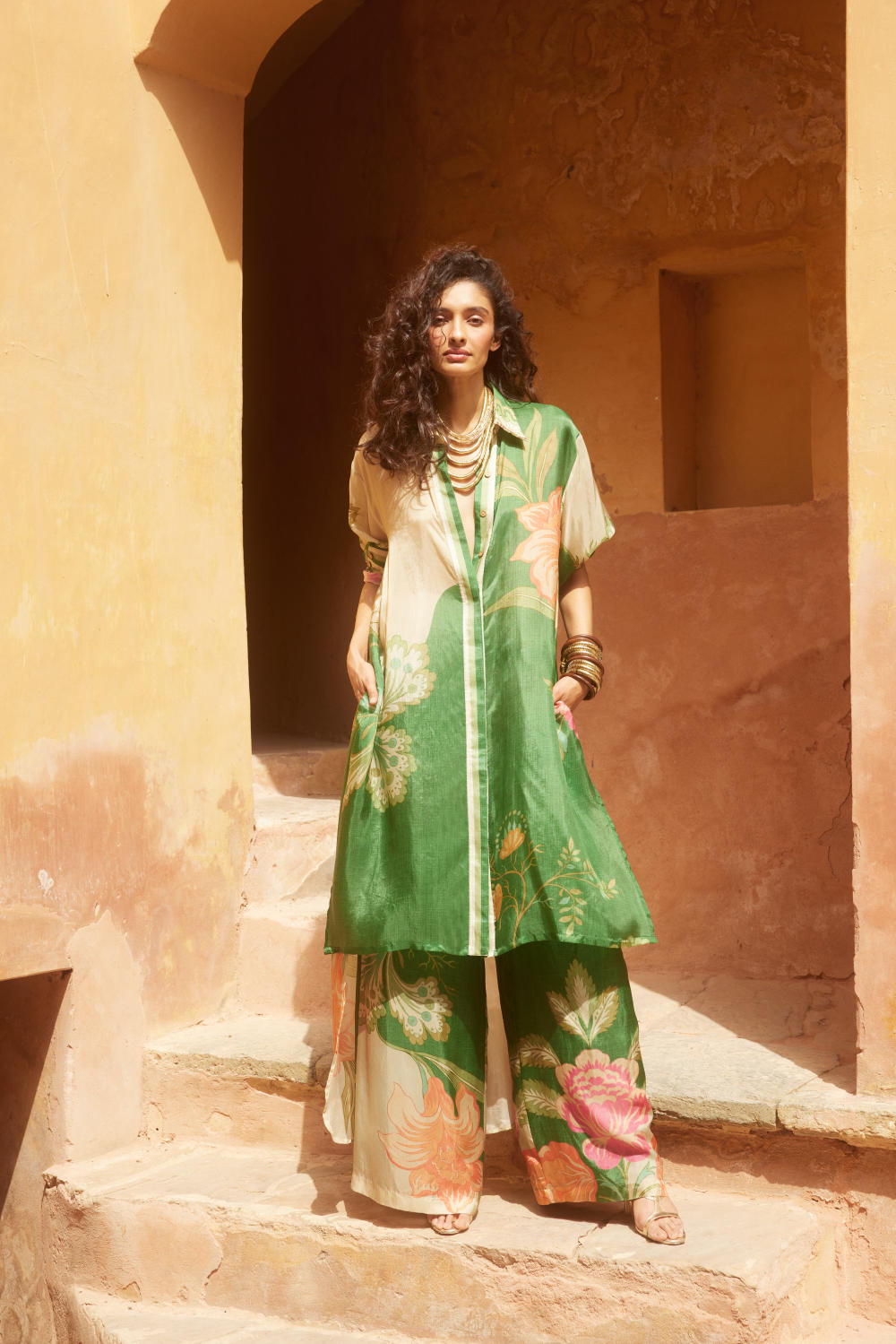 PH-2330 
Kurta 
Pants Set-Green with multi color print