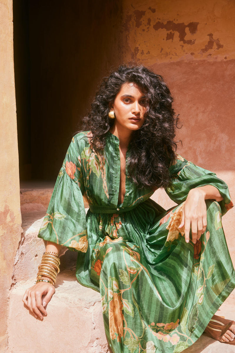 PH-2331 Maxi-Green with multi color print by Paulmi & Harsh in green color for women Worldwide