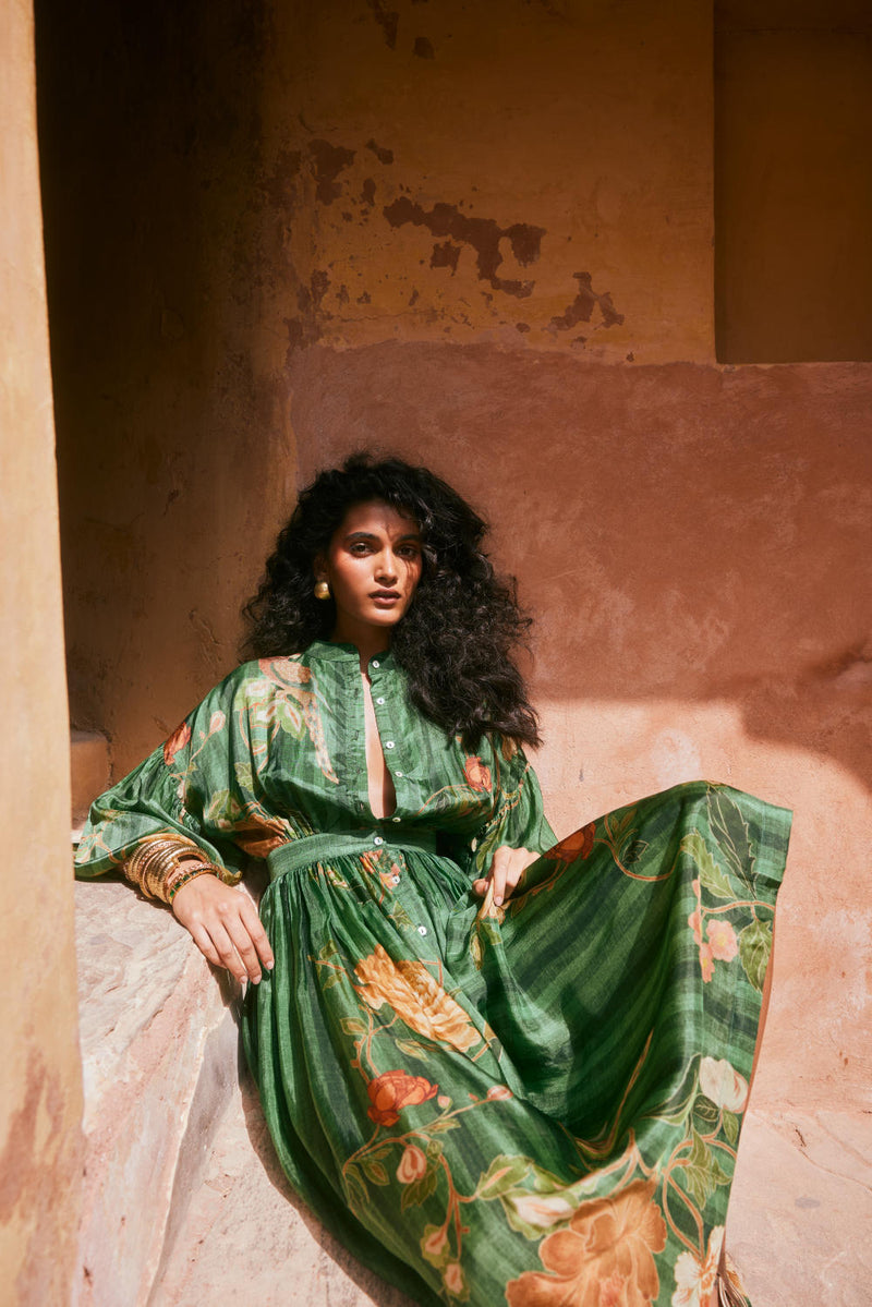 PH-2331 Maxi-Green with multi color print by Paulmi & Harsh in green color for women Worldwide