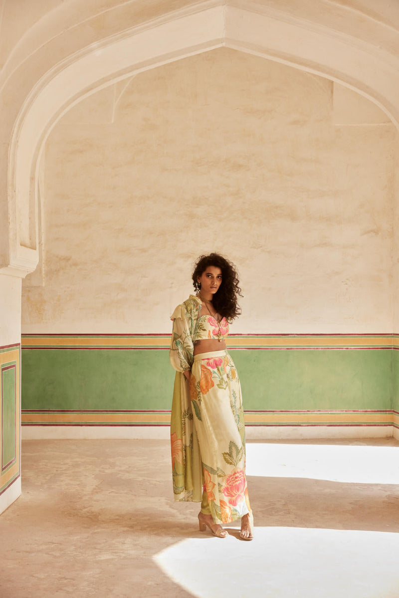 PH-2332 
Bustier 
Trouser 
Jacket Set-Ivory with multi color pastel mul by Paulmi & Harsh in multi color for women Worldwide