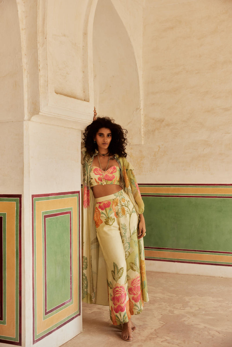 PH-2332 
Bustier 
Trouser 
Jacket Set-Ivory with multi color pastel mul by Paulmi & Harsh in multi color for women Worldwide