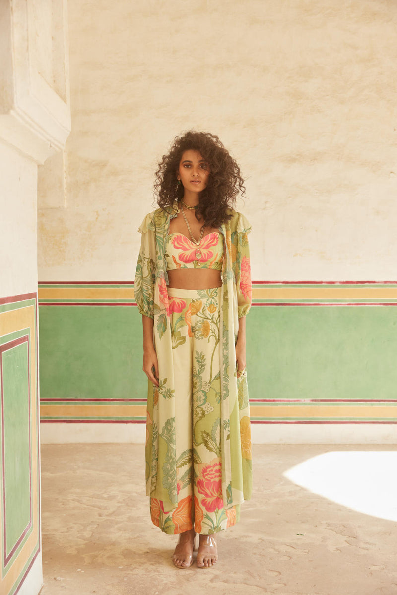 PH-2332 
Bustier 
Trouser 
Jacket Set-Ivory with multi color pastel mul by Paulmi & Harsh in multi color for women Worldwide