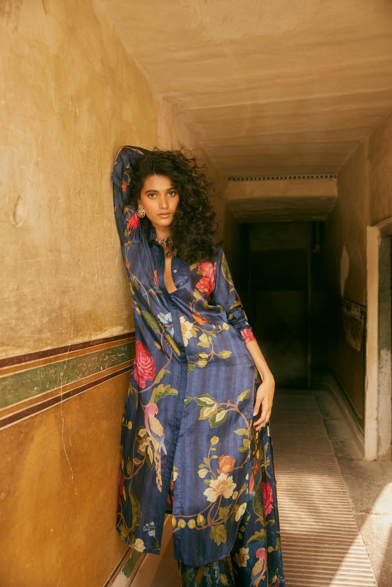 PH-2334 Shirt dress Pants Set-Midnight blue with multi color print by Paulmi & Harsh in blue color for women Worldwide