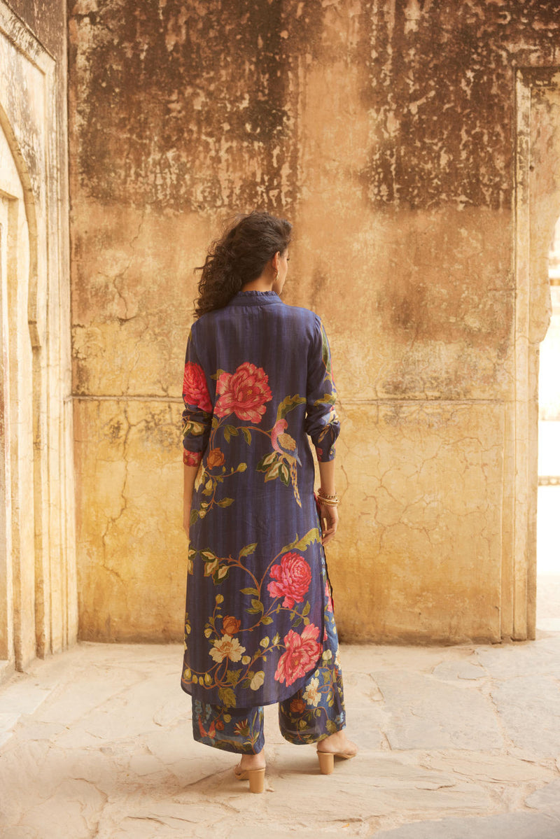 PH-2334 Shirt dress Pants Set-Midnight blue with multi color print by Paulmi & Harsh in blue color for women Worldwide