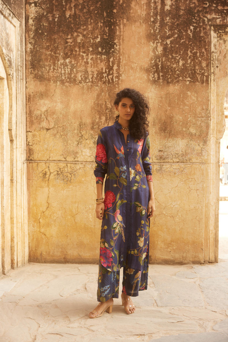 PH-2334 Shirt dress Pants Set-Midnight blue with multi color print by Paulmi & Harsh in blue color for women Worldwide