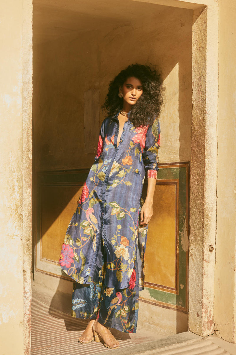 PH-2334 Shirt dress Pants Set-Midnight blue with multi color print by Paulmi & Harsh in blue color for women Worldwide