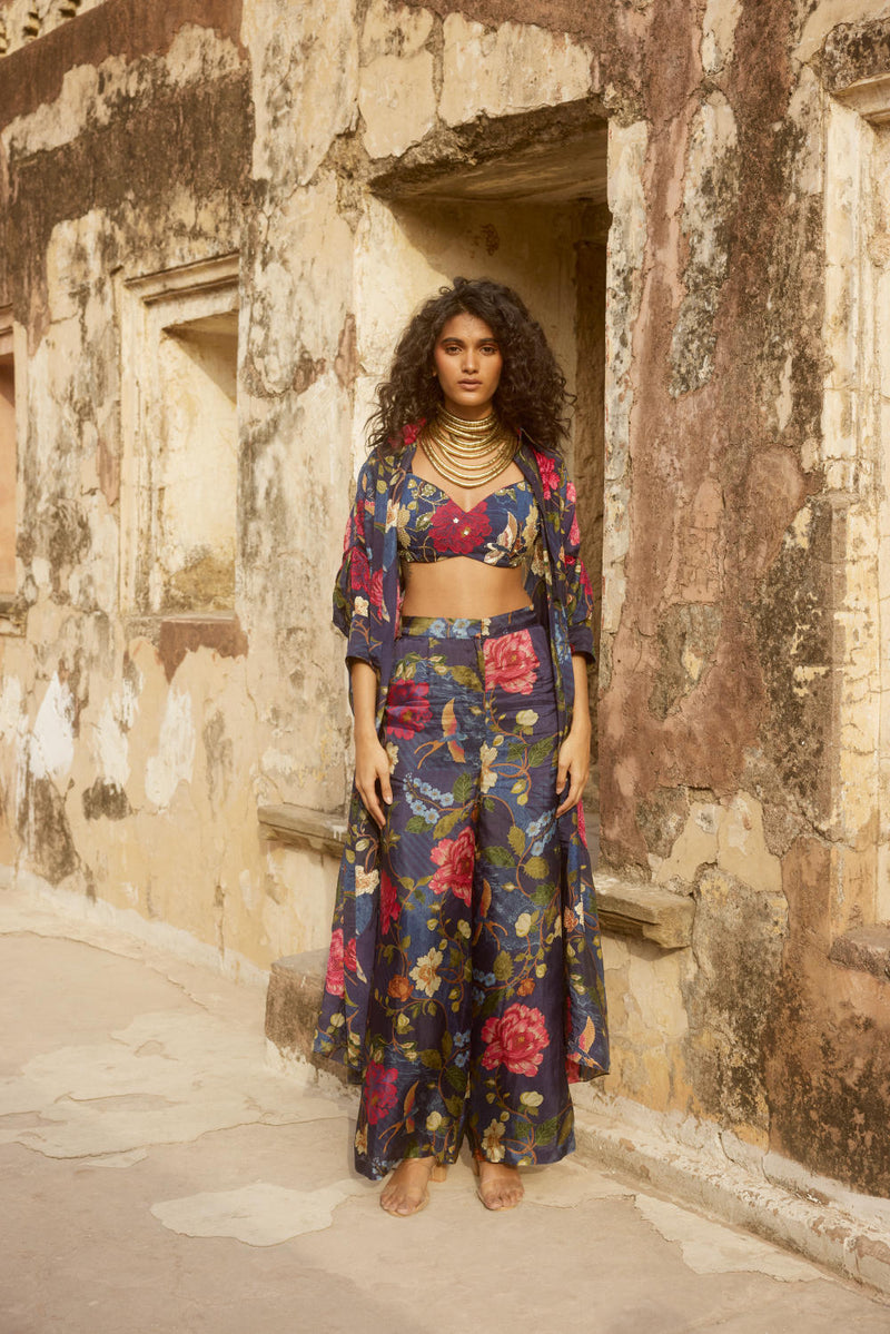 PH-2335 
Blouse 
Trouser 
Jacket Set-Midnight blue with multi color print by Paulmi & Harsh in blue color for women Worldwide
