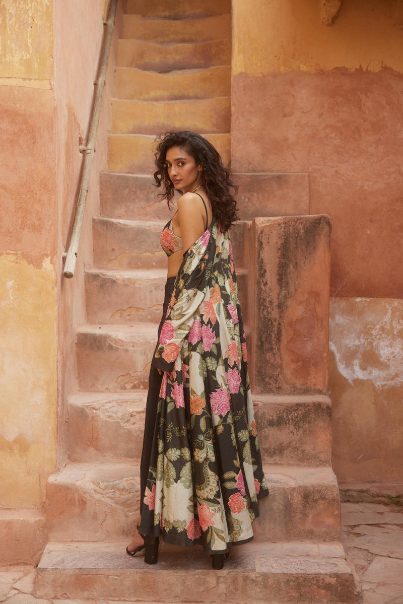 PH-2337 Jacket Blouse Skirt Set-Black with multi color florals mul by Paulmi & Harsh in multi color for women Worldwide