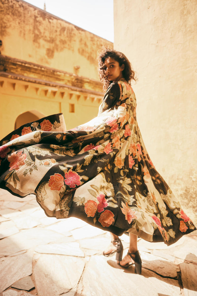 PH-2337 Jacket Blouse Skirt Set-Black with multi color florals mul by Paulmi & Harsh in multi color for women Worldwide