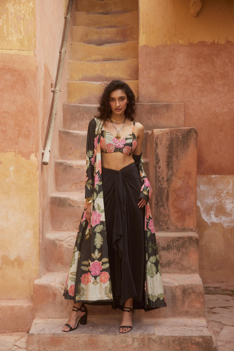 PH-2337 Jacket Blouse Skirt Set-Black with multi color florals mul by Paulmi & Harsh in multi color for women Worldwide