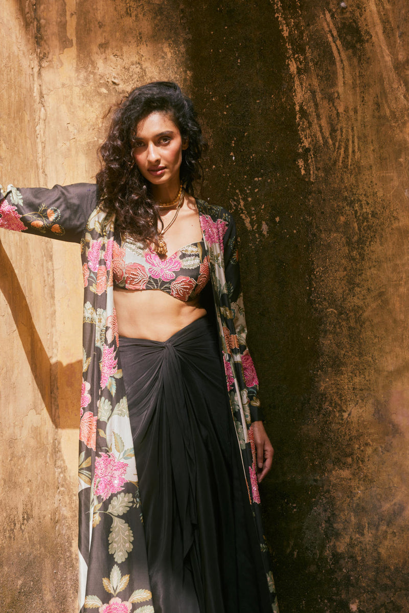 PH-2337 Jacket Blouse Skirt Set-Black with multi color florals mul by Paulmi & Harsh in multi color for women Worldwide
