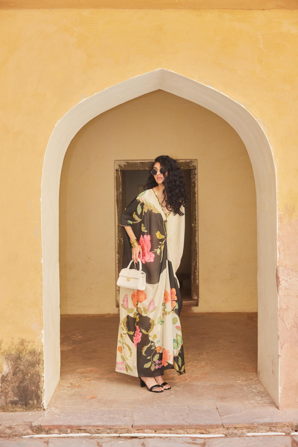 PH-2338 Kaftan Inner Set-Ivory with black base and multi color print