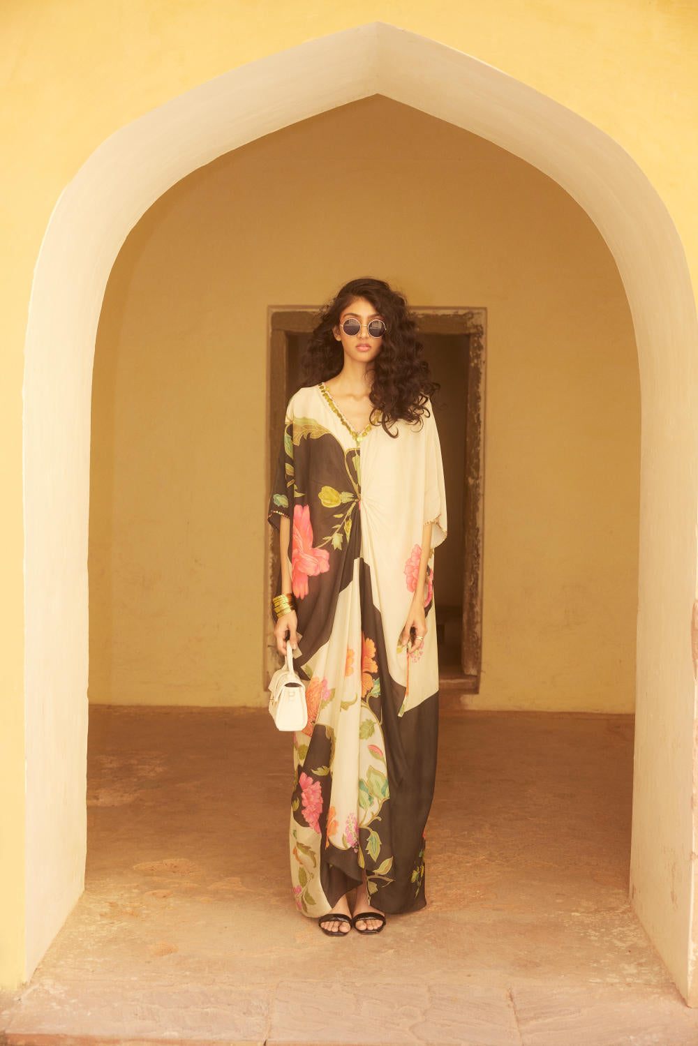 PH-2338 Kaftan Inner Set-Ivory with black base and multi color print