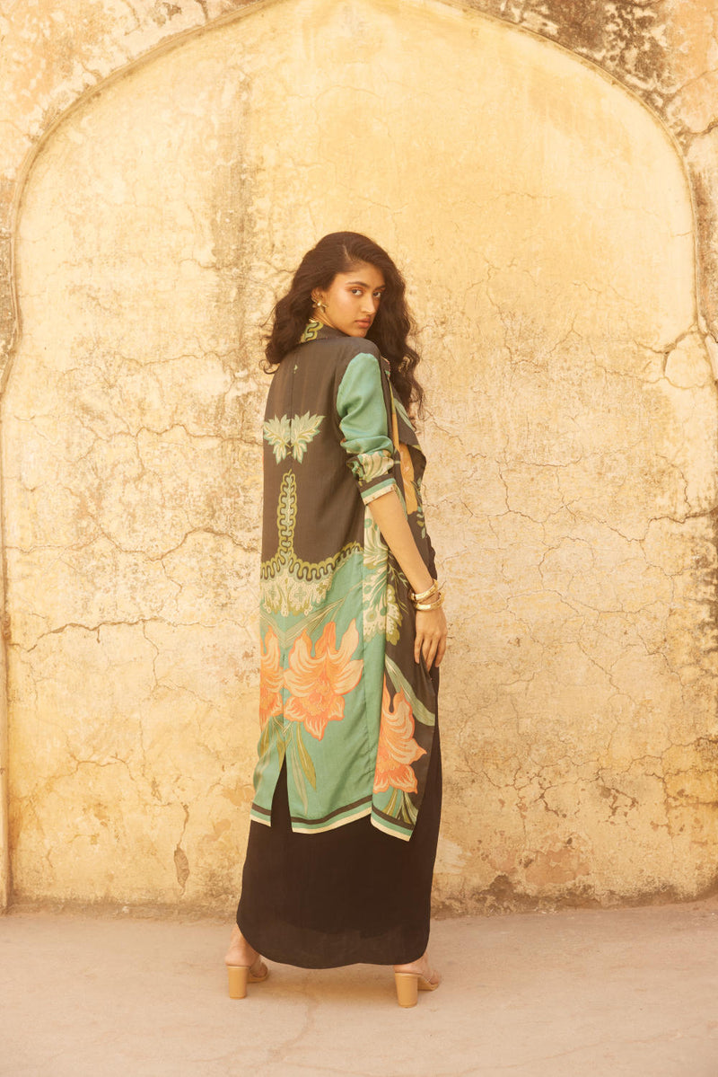PH-2340 Blouse Skirt Jacket Set-Black with multi color print mul by Paulmi & Harsh in multi color for women Worldwide