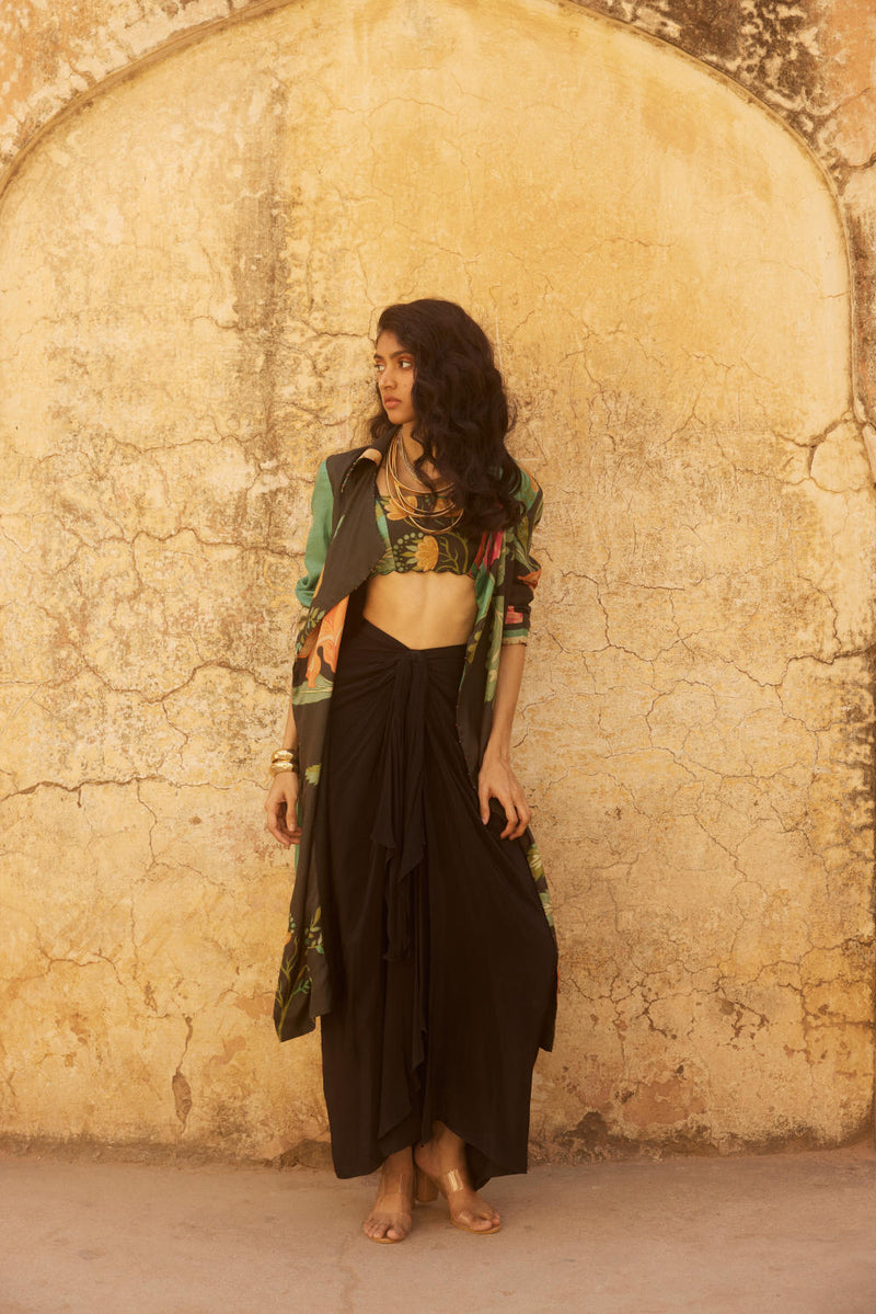 PH-2340 Blouse Skirt Jacket Set-Black with multi color print mul by Paulmi & Harsh in multi color for women Worldwide