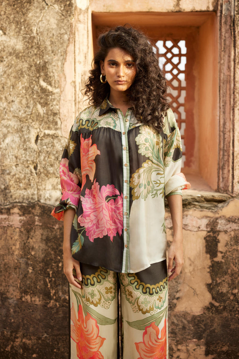 PH-2341 
Shirt 
Trouser Set-Black with multi color print mul by Paulmi & Harsh in multi color for women Worldwide