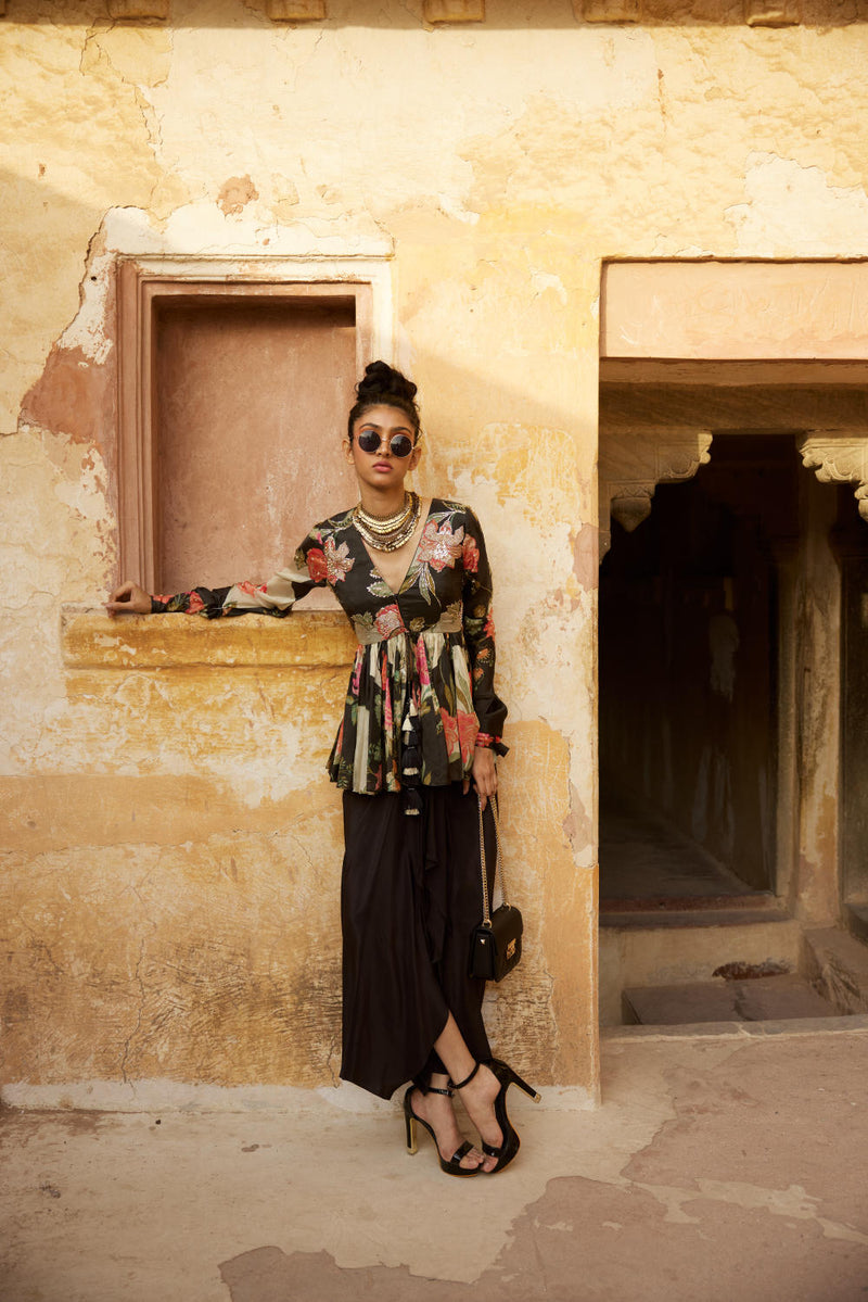 PH-2342 
Peplum 
Skirt Set-Black with multi color print mul by Paulmi & Harsh in multi color for women Worldwide