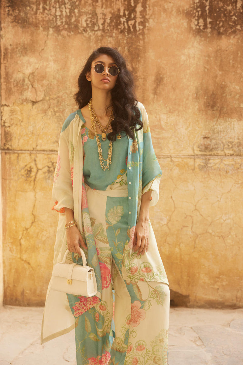 PH-2343 Kurta Trouser 
Inner Set-Ivory, ice blue with multi color print mul by Paulmi & Harsh in multi color for women Worldwide