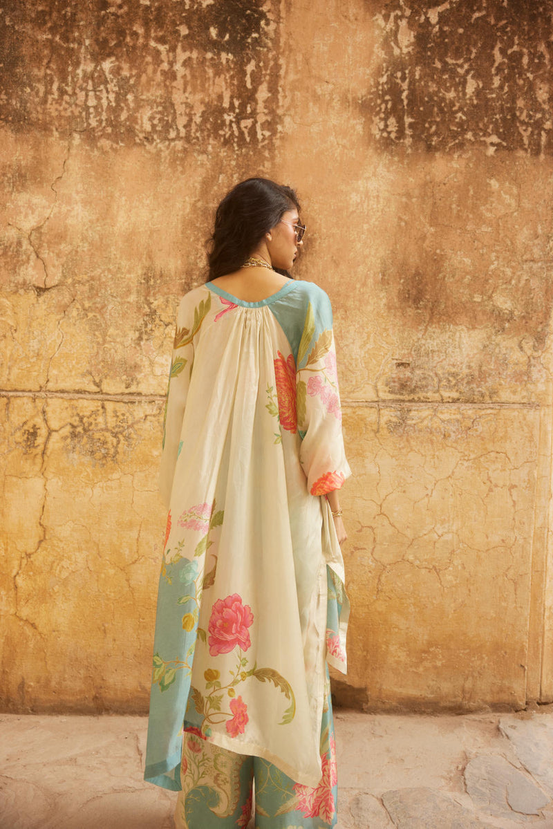 PH-2343 Kurta Trouser 
Inner Set-Ivory, ice blue with multi color print mul by Paulmi & Harsh in multi color for women Worldwide