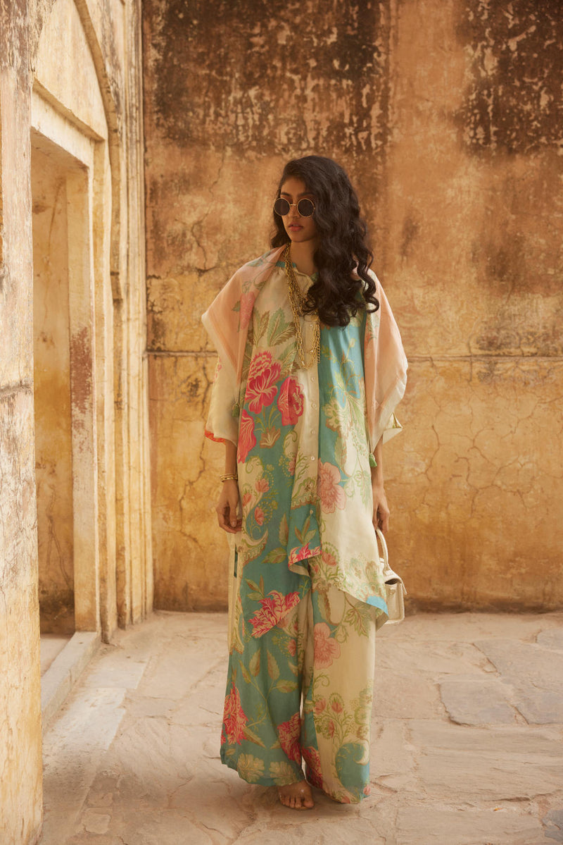 PH-2343 Kurta Trouser 
Inner Set-Ivory, ice blue with multi color print mul by Paulmi & Harsh in multi color for women Worldwide