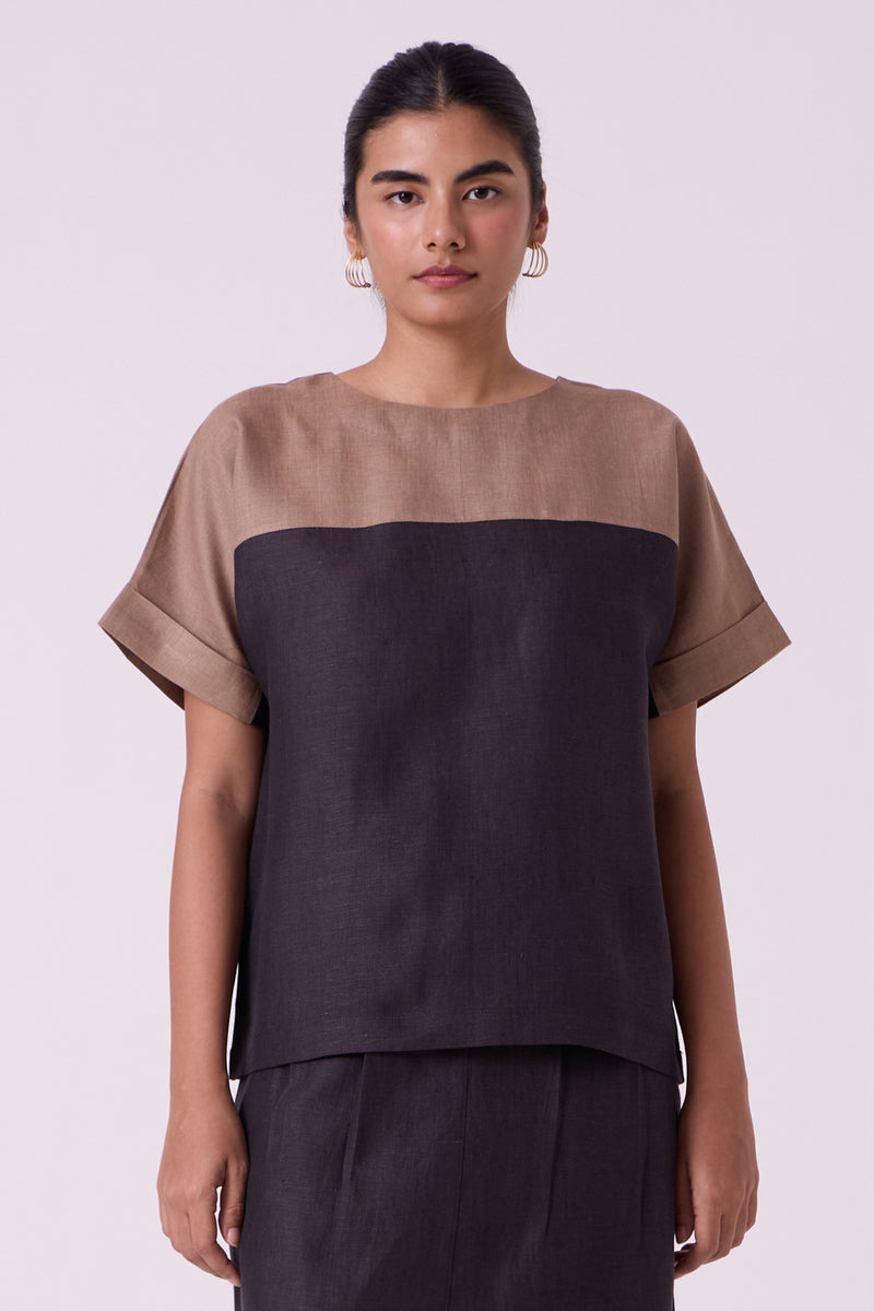 Jiku Charcoal Colourblocked Linen Top linen top/shirt by The Summer House in black for women Worldwide
