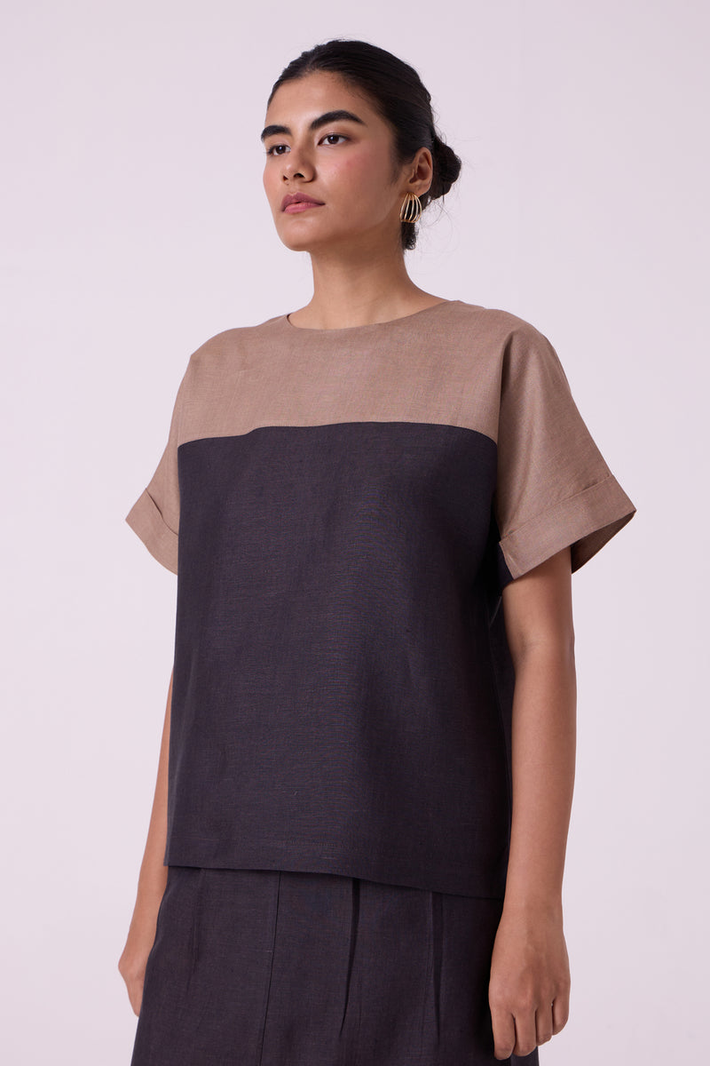 Jiku Charcoal Colourblocked Linen Top linen top/shirt by The Summer House in black for women Worldwide
