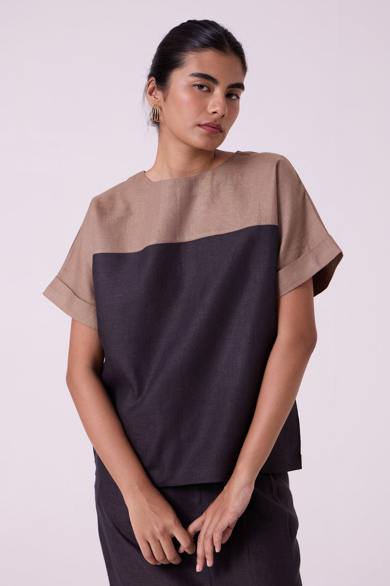 Jiku Charcoal Colourblocked Linen Top linen top/shirt by The Summer House in black for women Worldwide