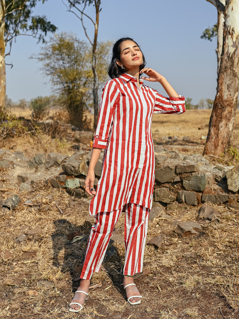 Ajmer Co-Ord Set -Handblock Printed Cotton Co- Ord Set cotton by Marche in red color for women Worldwide