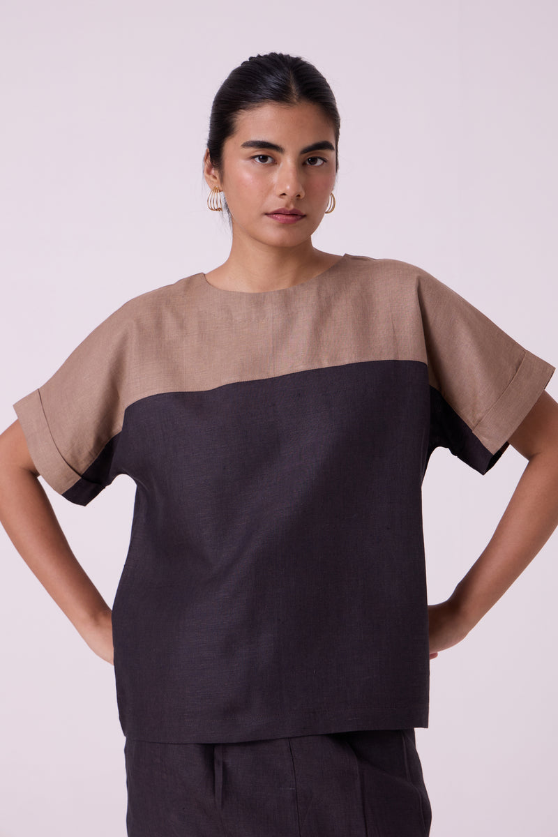 Jiku Charcoal Colourblocked Linen Top linen top/shirt by The Summer House in black for women Worldwide