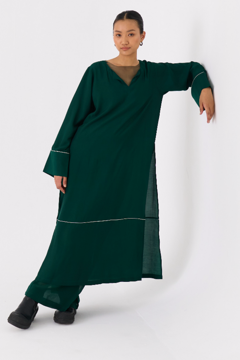 V-NECK KAFTAN- DARK GREEN bemberg by THREE in green color for women Worldwide