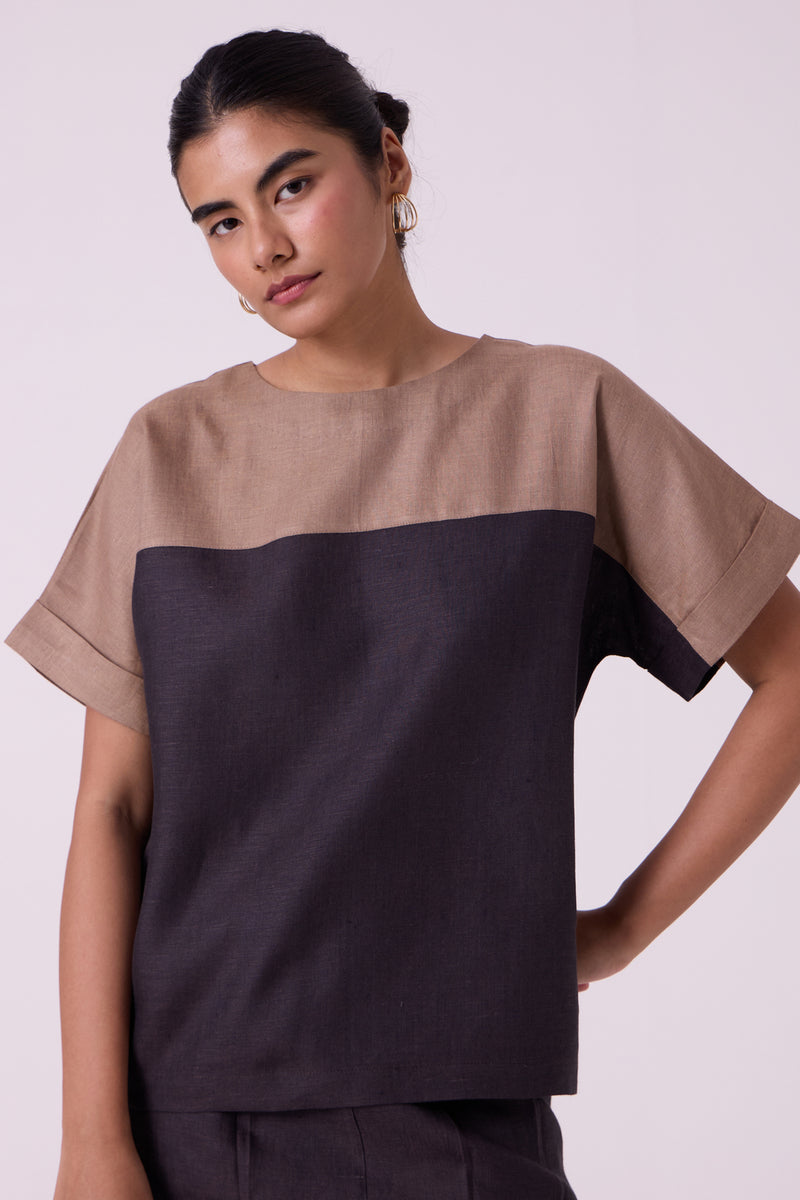 Jiku Charcoal Colourblocked Linen Top linen top/shirt by The Summer House in black for women Worldwide