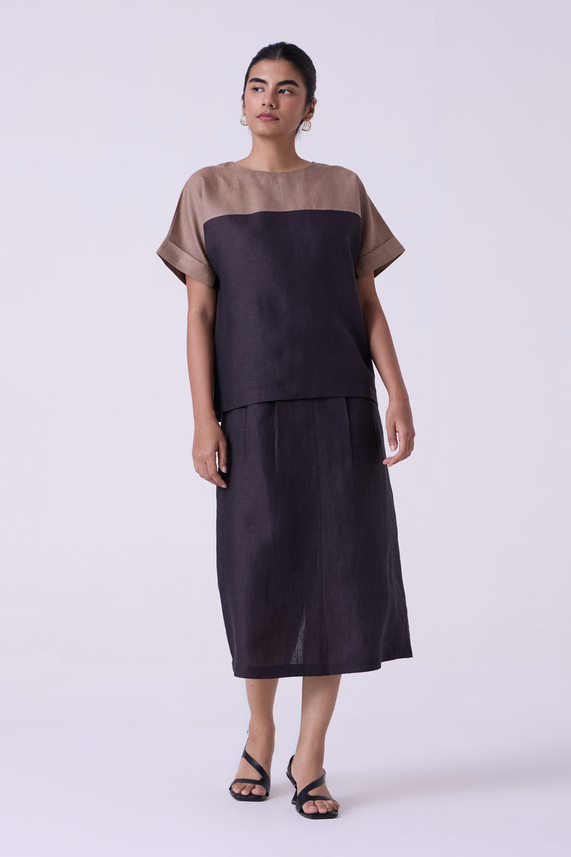 Jiku Charcoal Colourblocked Linen Top linen top/shirt by The Summer House in black for women Worldwide